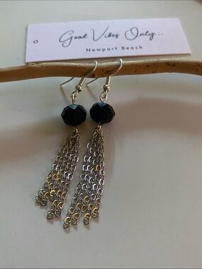 Good Vibes 😎 Only Black Bead Silver Tassel Drop Earrings